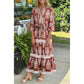 RTS Brown Floral Print Belted Striped Trim Tiered Maxi Dress
