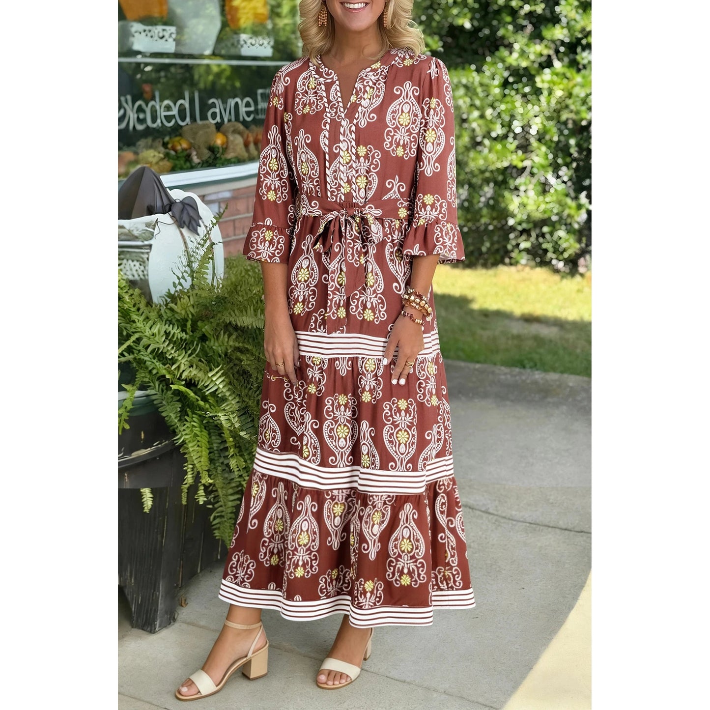 RTS Brown Floral Print Belted Striped Trim Tiered Maxi Dress