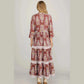 RTS Brown Floral Print Belted Striped Trim Tiered Maxi Dress