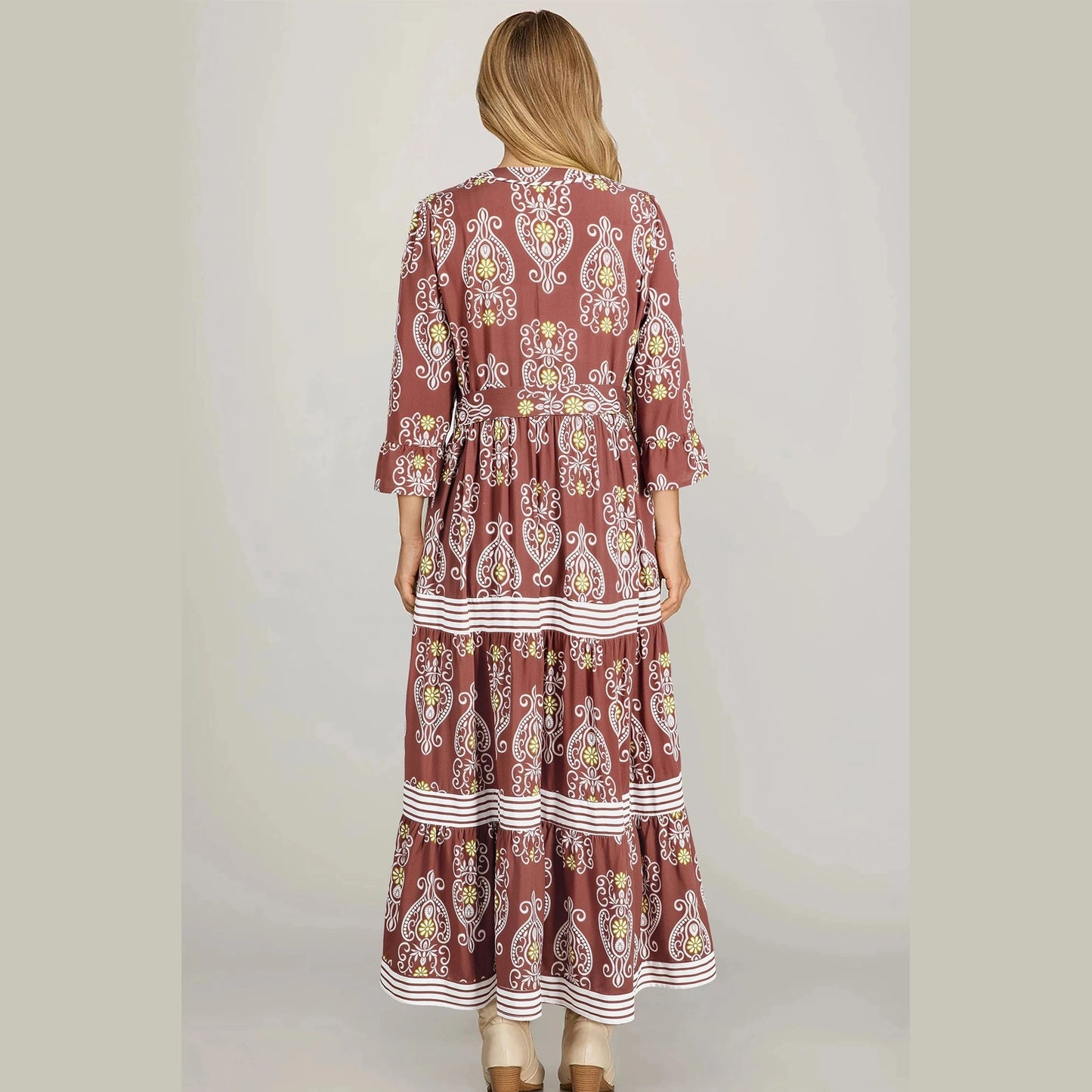 RTS Brown Floral Print Belted Striped Trim Tiered Maxi Dress