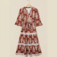 RTS Brown Floral Print Belted Striped Trim Tiered Maxi Dress