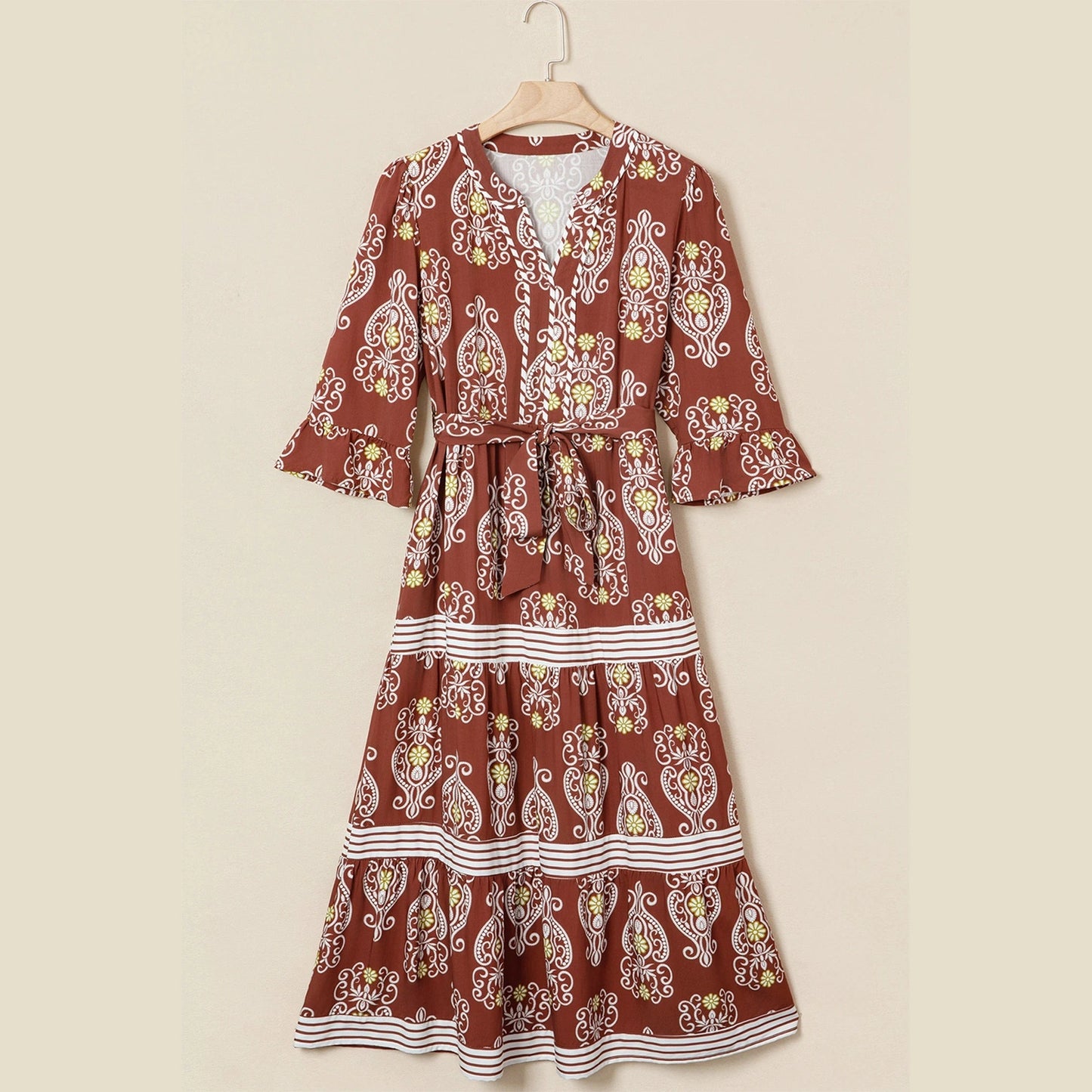 RTS Brown Floral Print Belted Striped Trim Tiered Maxi Dress