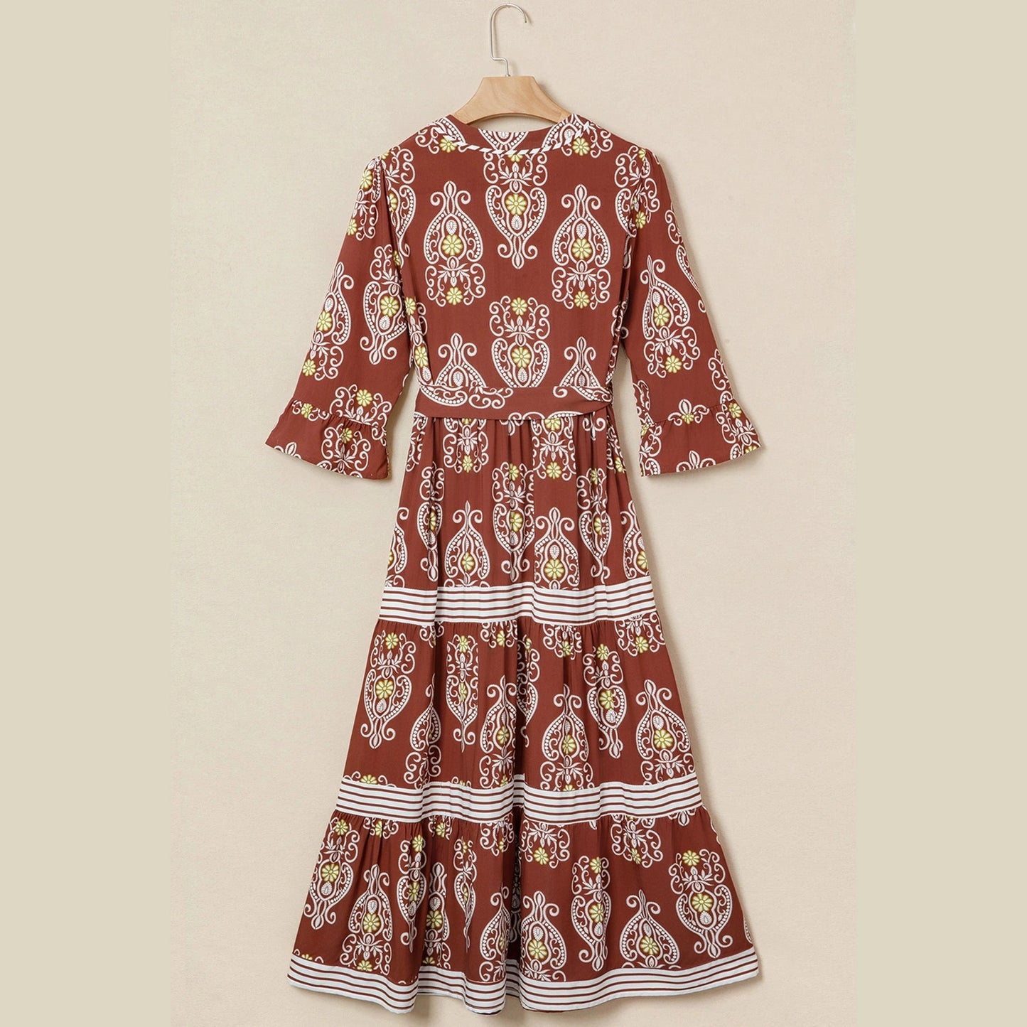 RTS Brown Floral Print Belted Striped Trim Tiered Maxi Dress