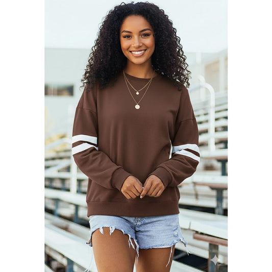 Brown Varsity Striped Detail Drop Shoulder Oversized Sweatshirt