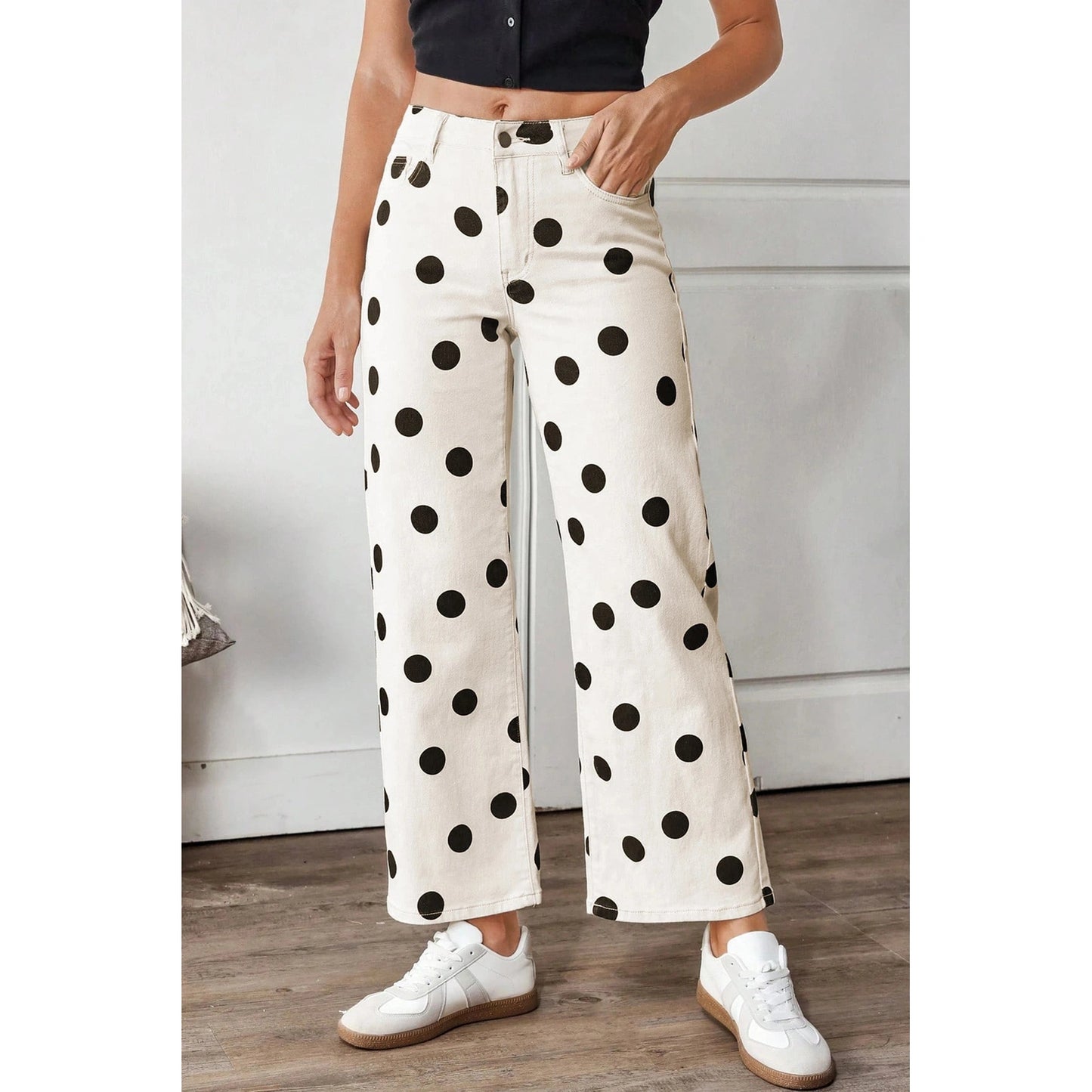 Bryanna White Polka Dot Print Wide Leg Ankle-Length Jeans