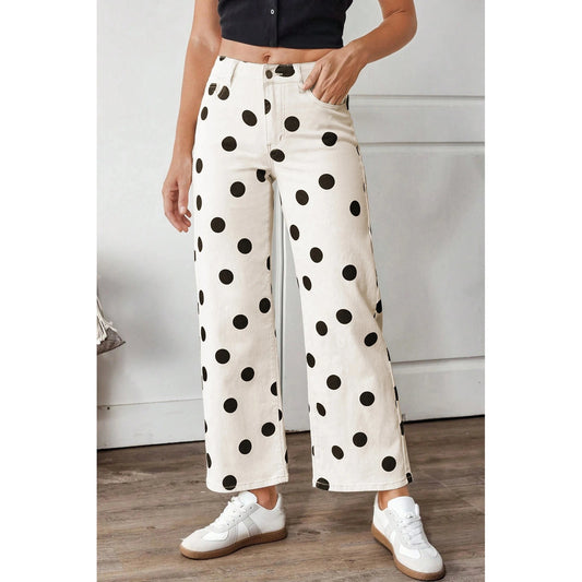 Bryanna White Polka Dot Print Wide Leg Ankle-Length Jeans