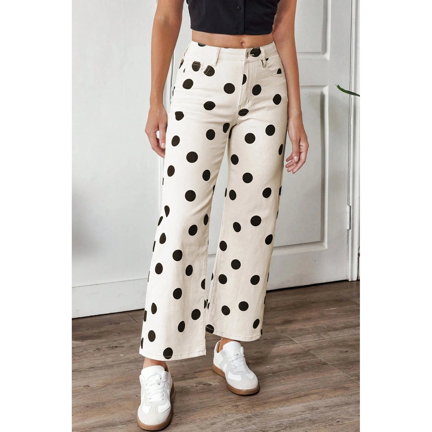 Bryanna White Polka Dot Print Wide Leg Ankle-Length Jeans