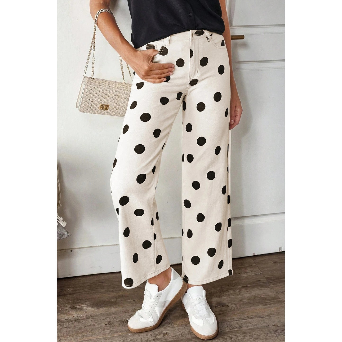 Bryanna White Polka Dot Print Wide Leg Ankle-Length Jeans