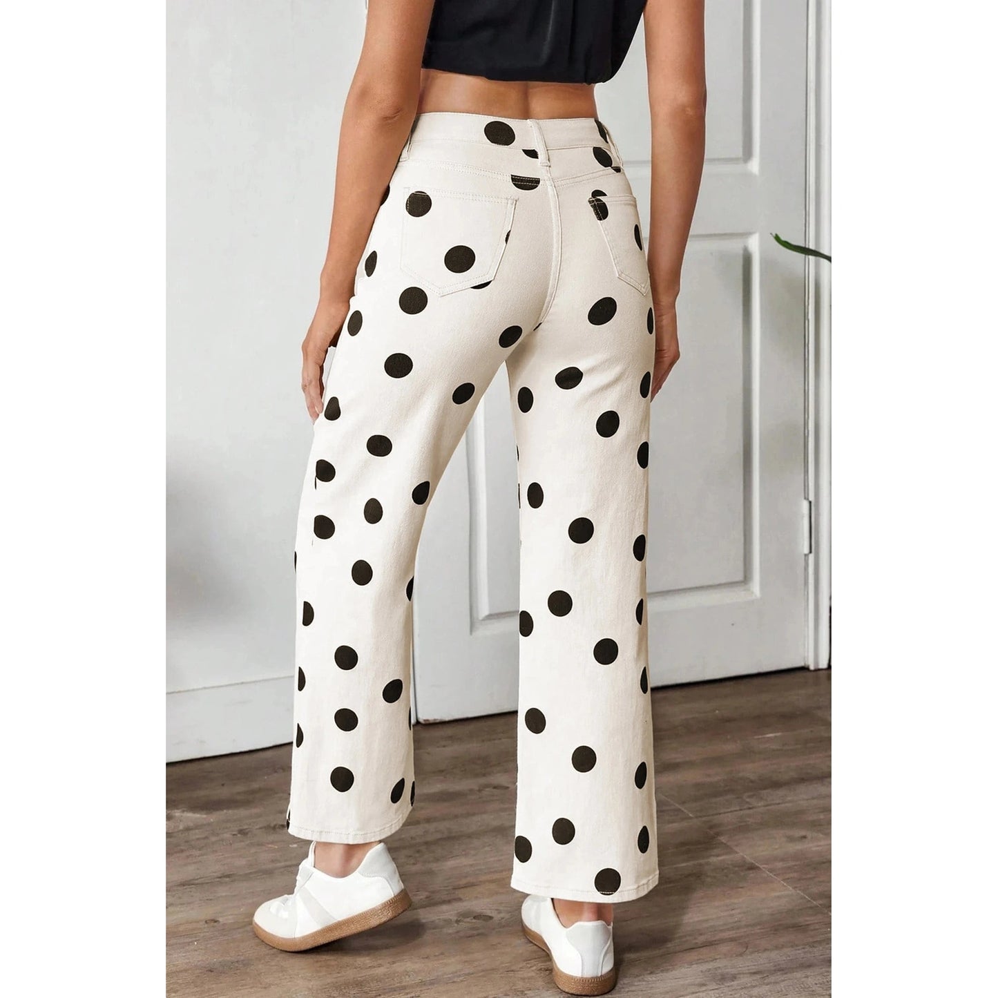 Bryanna White Polka Dot Print Wide Leg Ankle-Length Jeans