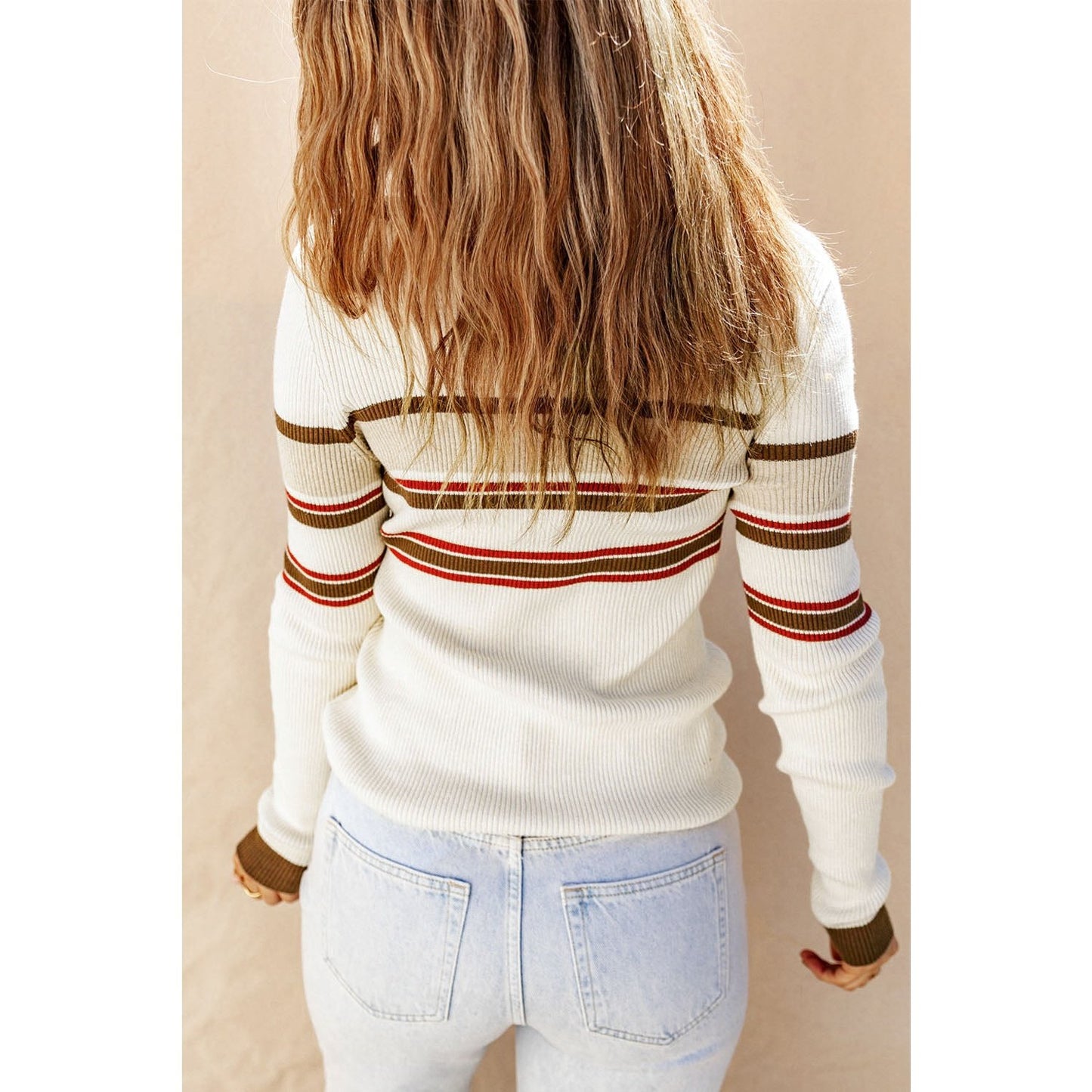 Brylee White Rib Knitted Stripe Detail Henley Sweater