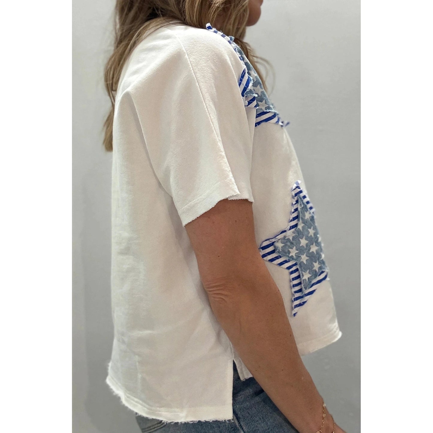 Buffy White Patriot Star Patched Notched Neck Mineral Washed Tee