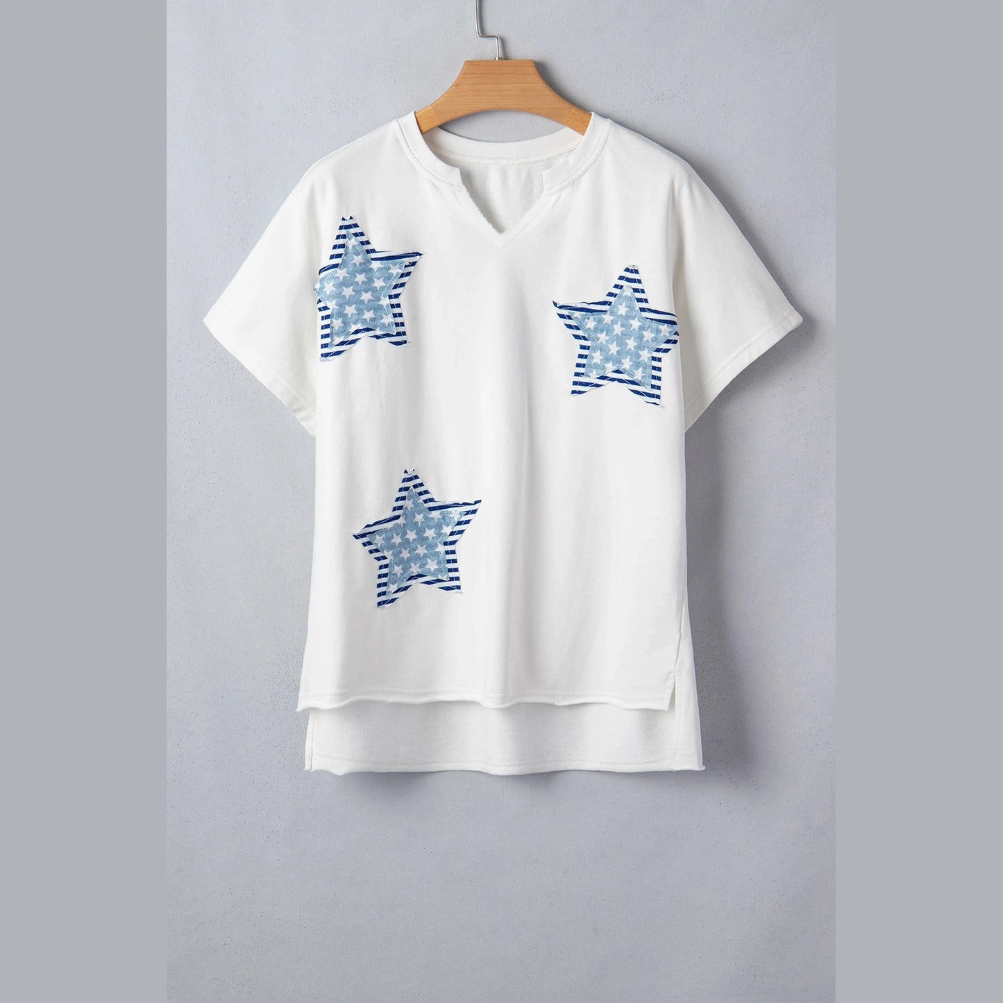 Buffy White Patriot Star Patched Notched Neck Mineral Washed Tee