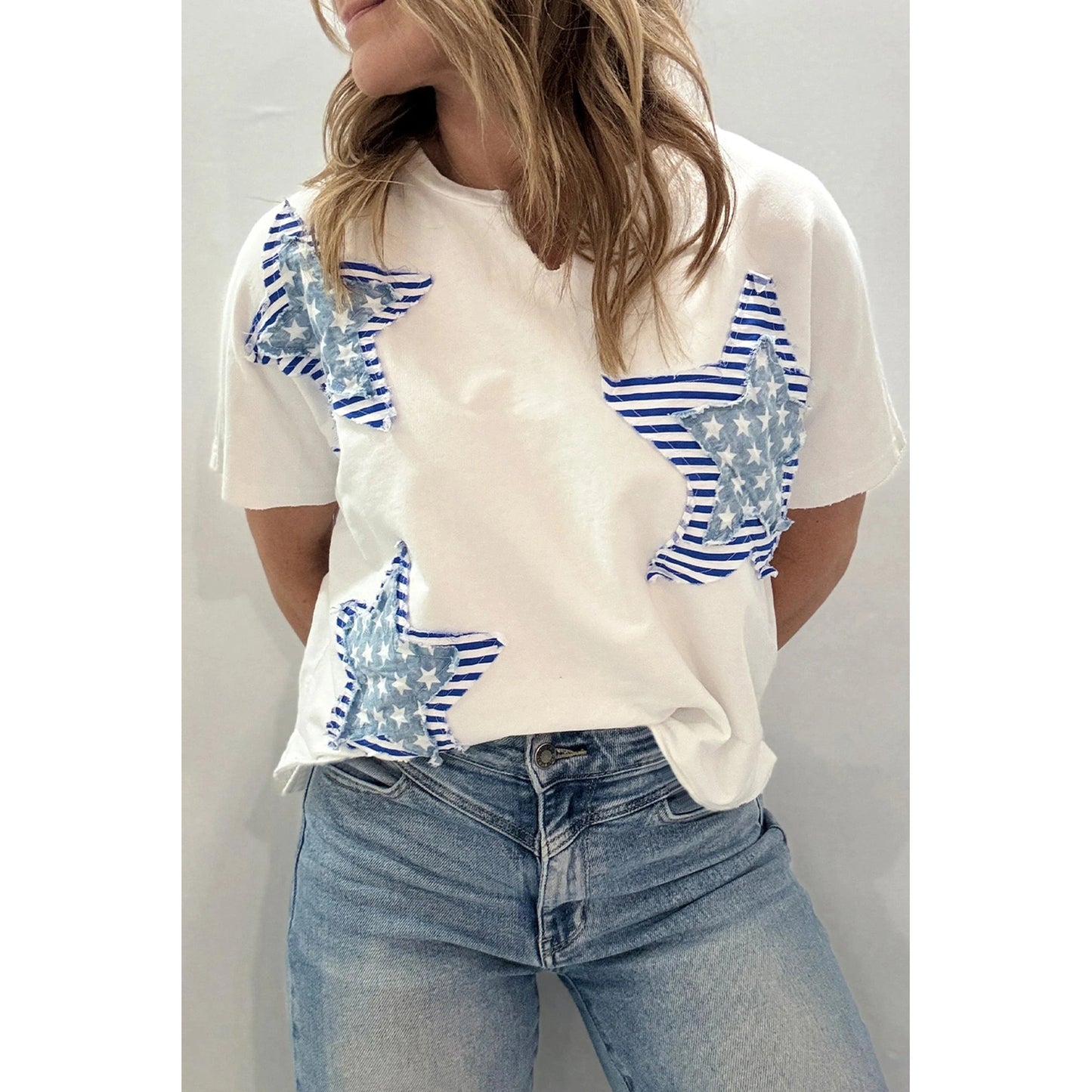 Buffy White Patriot Star Patched Notched Neck Mineral Washed Tee