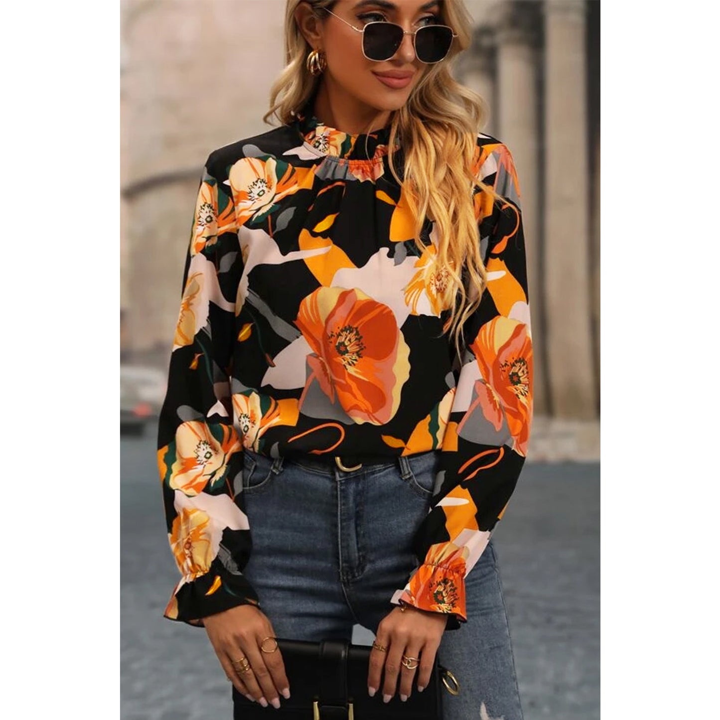 Paisley Floral Print Mock Neck Blouse