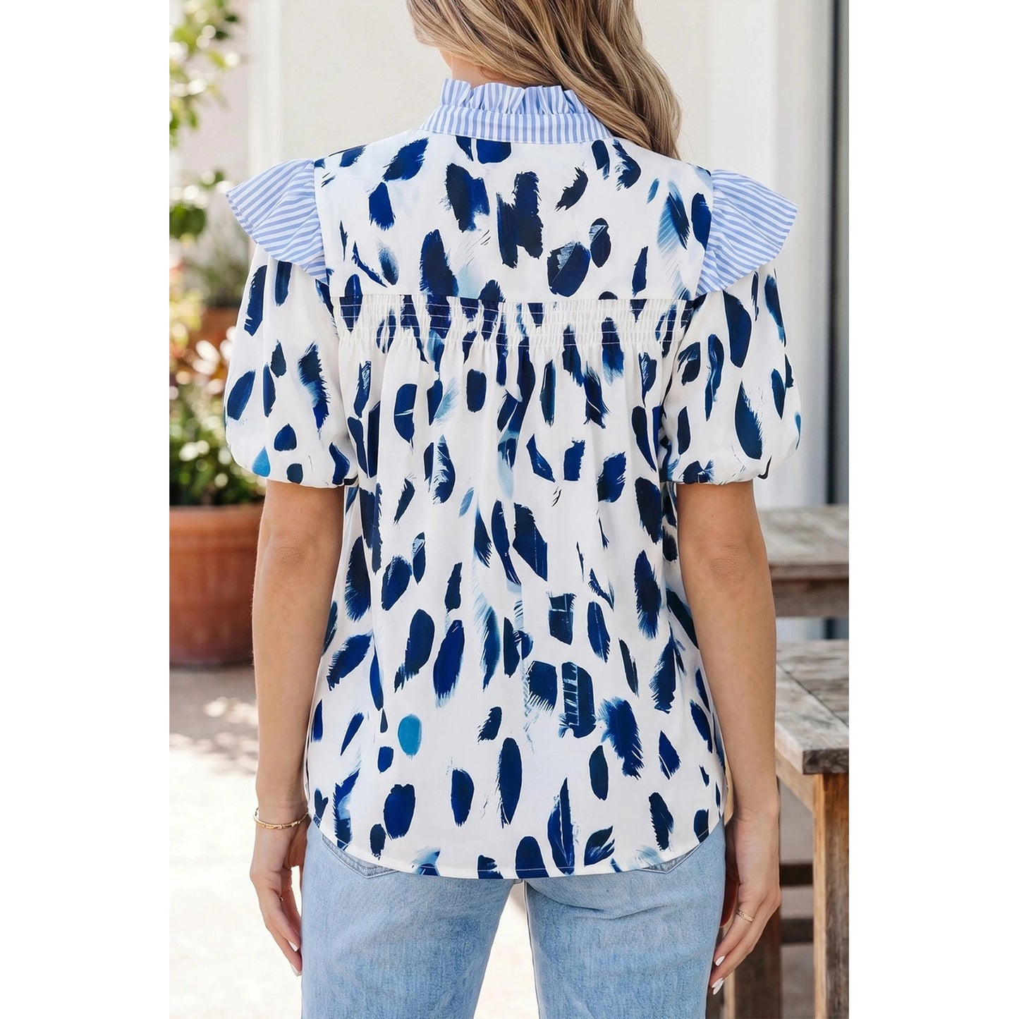 Cynthia Abstract Animal Print Striped Ruffle Trim V Neck Blouse