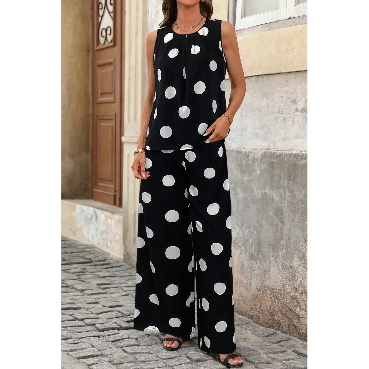 Chaka Black Polka Dot Print Pleated Round Neck Tank Casual Wide Leg Two-Piece Outfit