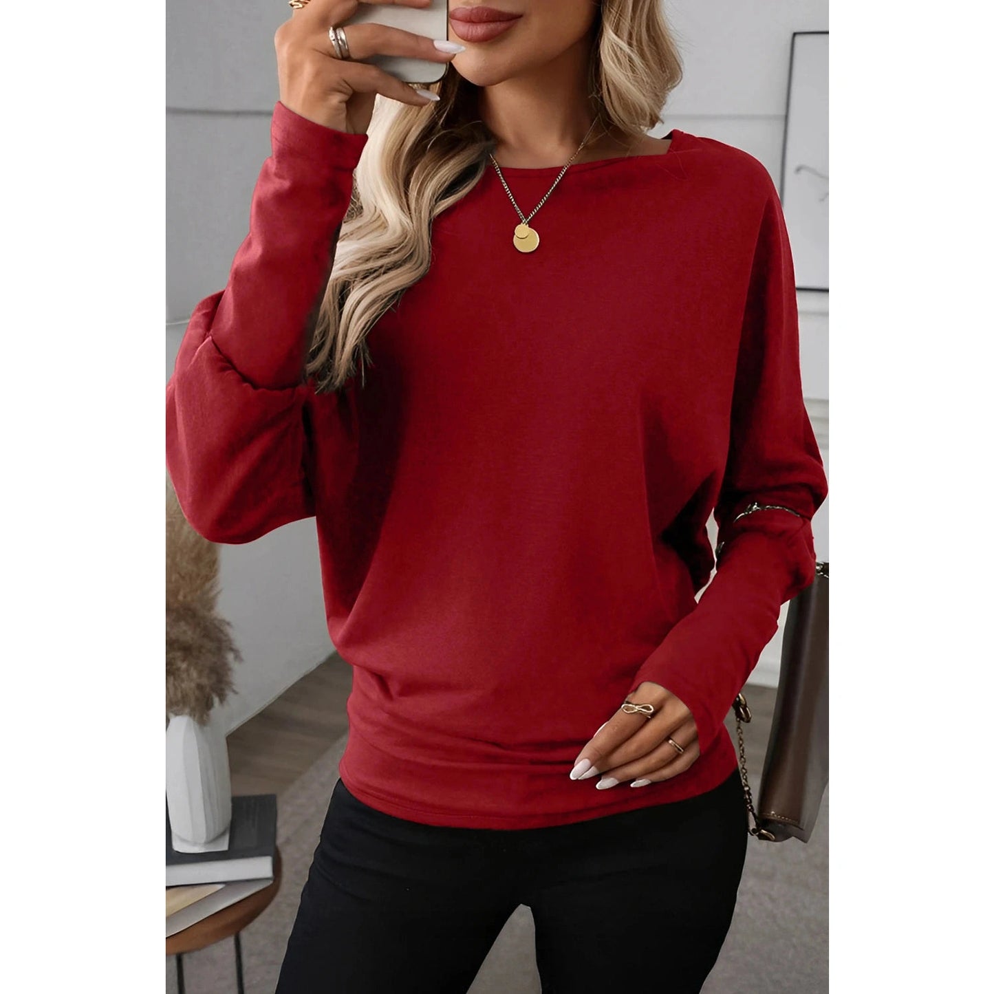 Chrystal Red Extended Cuffs Long Sleeve Top