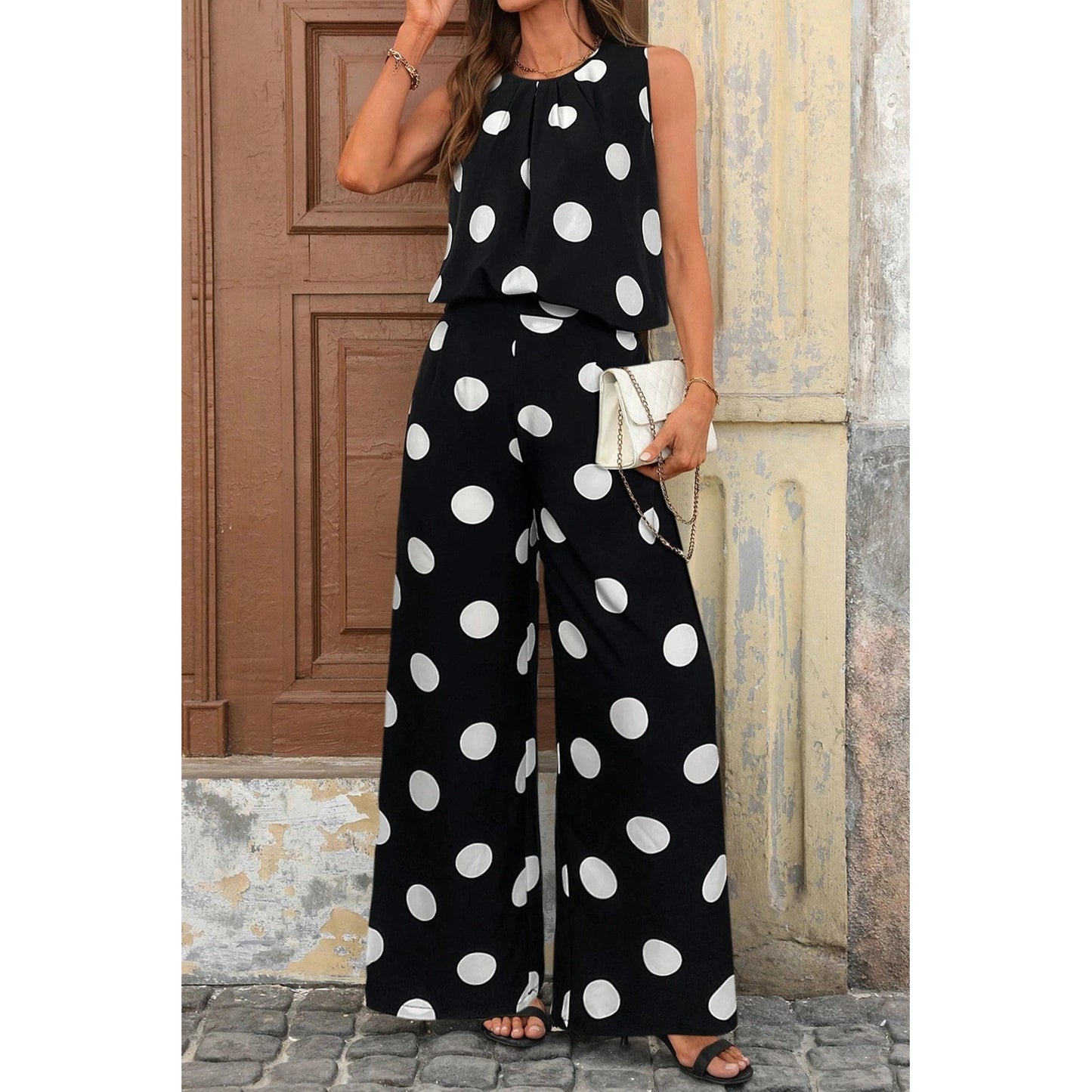 Chaka Black Polka Dot Print Pleated Round Neck Tank Casual Wide Leg Two-Piece Outfit
