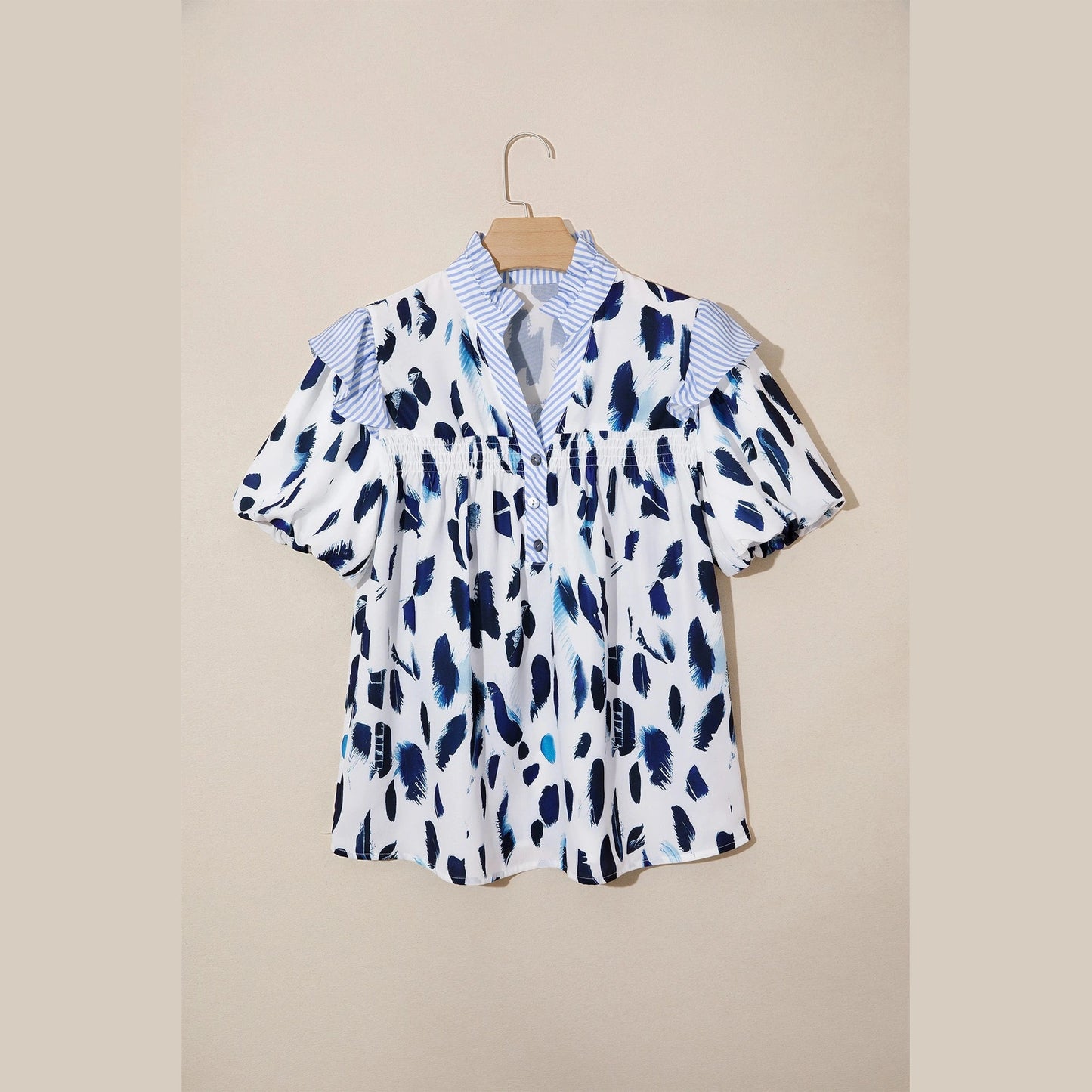 Cynthia Abstract Animal Print Striped Ruffle Trim V Neck Blouse