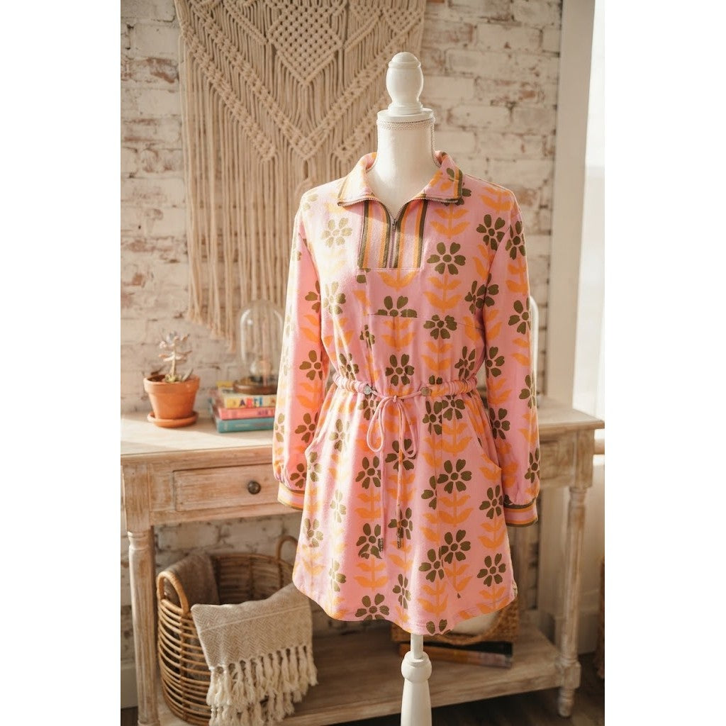 Avabella Pink Floral Print Zip Neck Striped Patchwork Long Sleeve Drawstring Dress