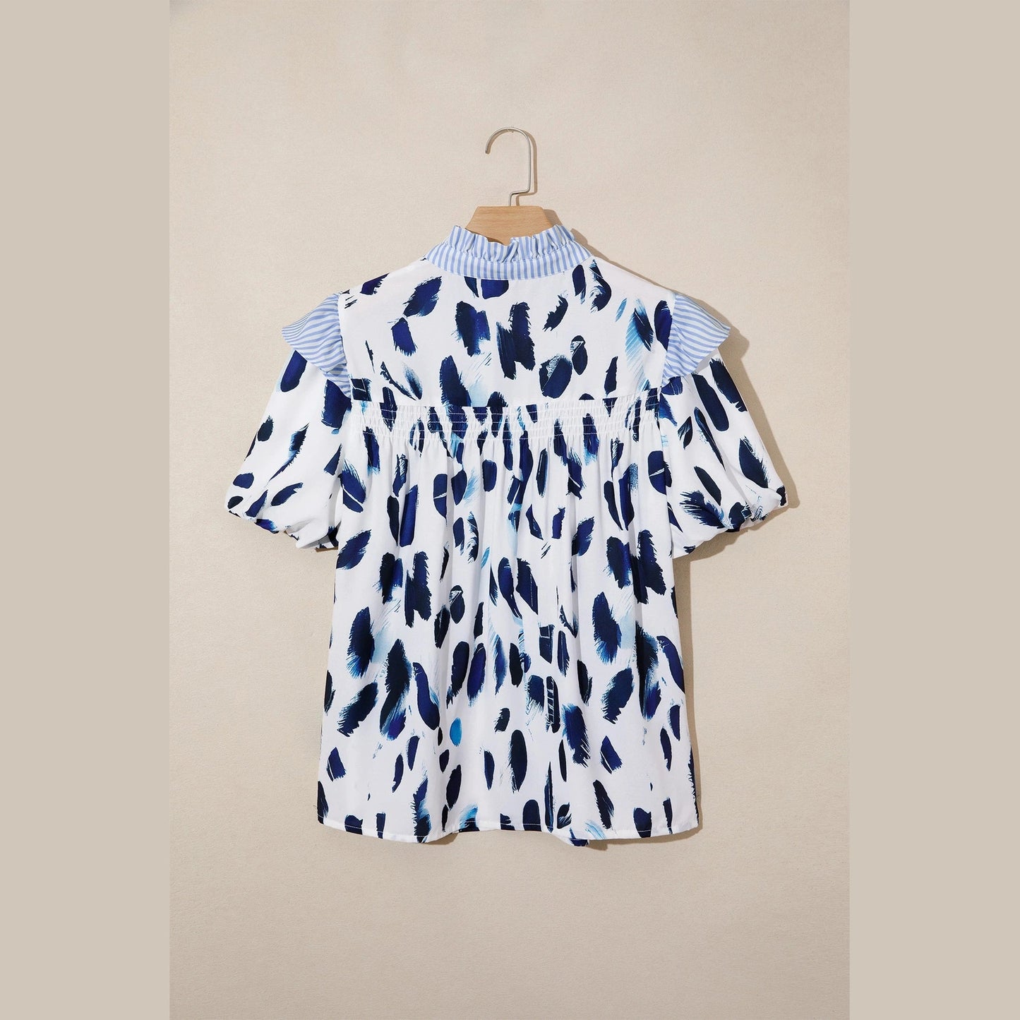 Cynthia Abstract Animal Print Striped Ruffle Trim V Neck Blouse