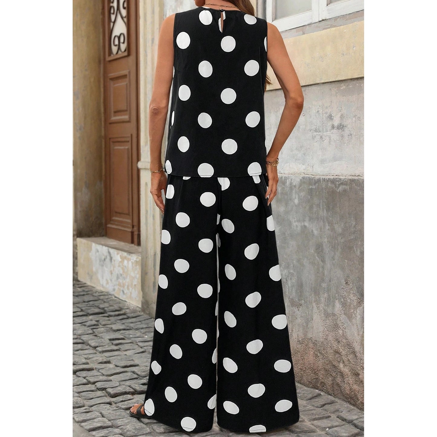 Chaka Black Polka Dot Print Pleated Round Neck Tank Casual Wide Leg Two-Piece Outfit
