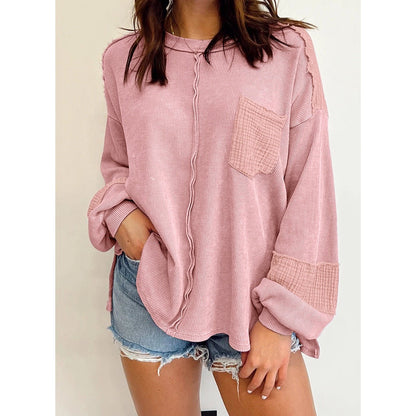 Desarae Pink Exposed Seam Patchwork Bubble Sleeve Waffle Knit Top