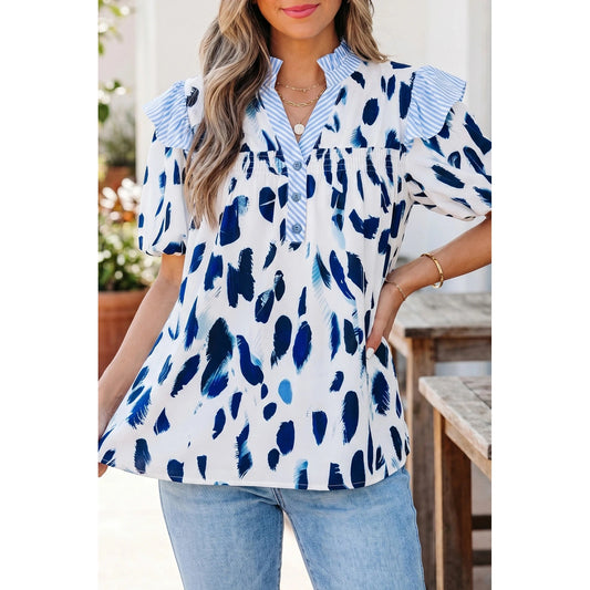 Cynthia Abstract Animal Print Striped Ruffle Trim V Neck Blouse