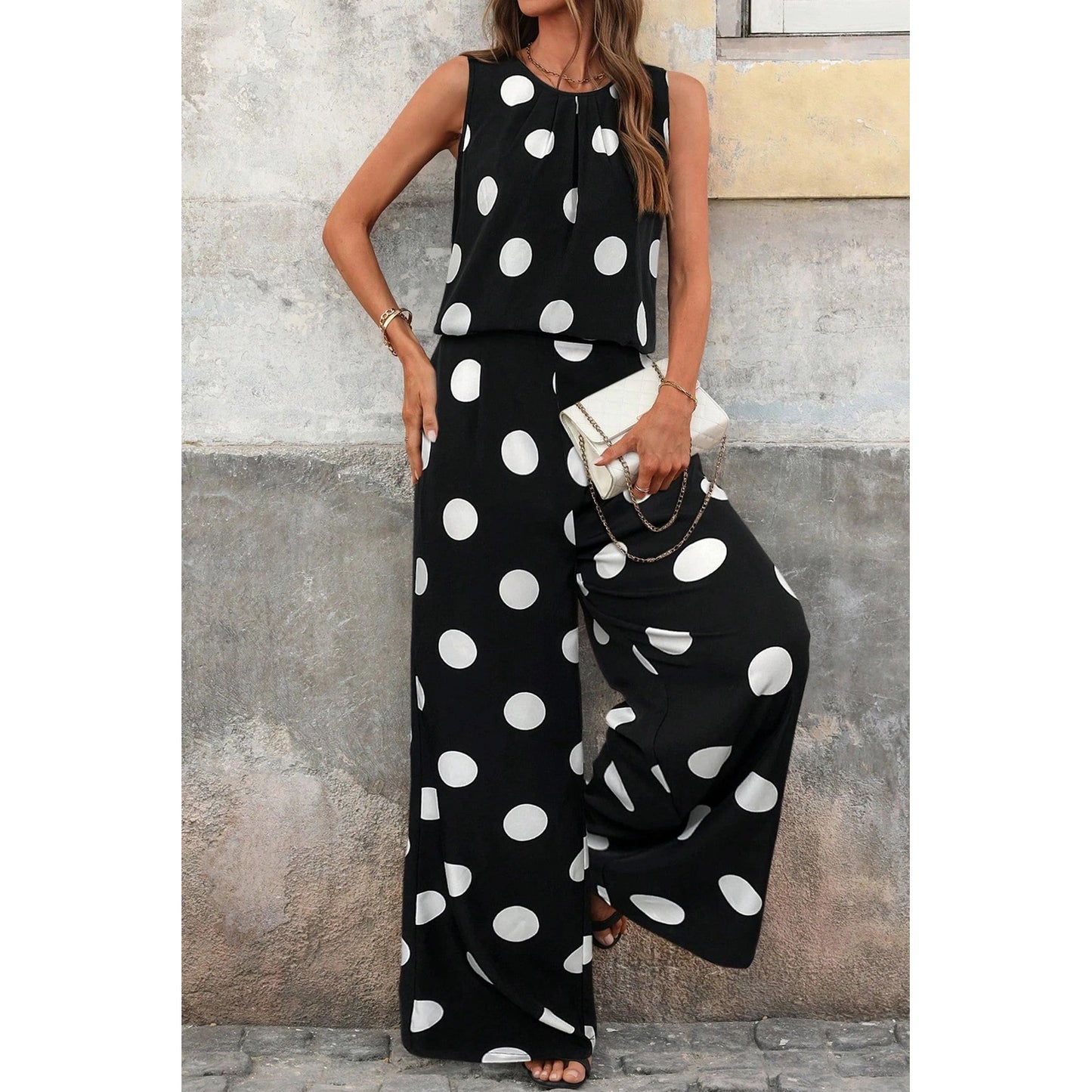 Chaka Black Polka Dot Print Pleated Round Neck Tank Casual Wide Leg Two-Piece Outfit