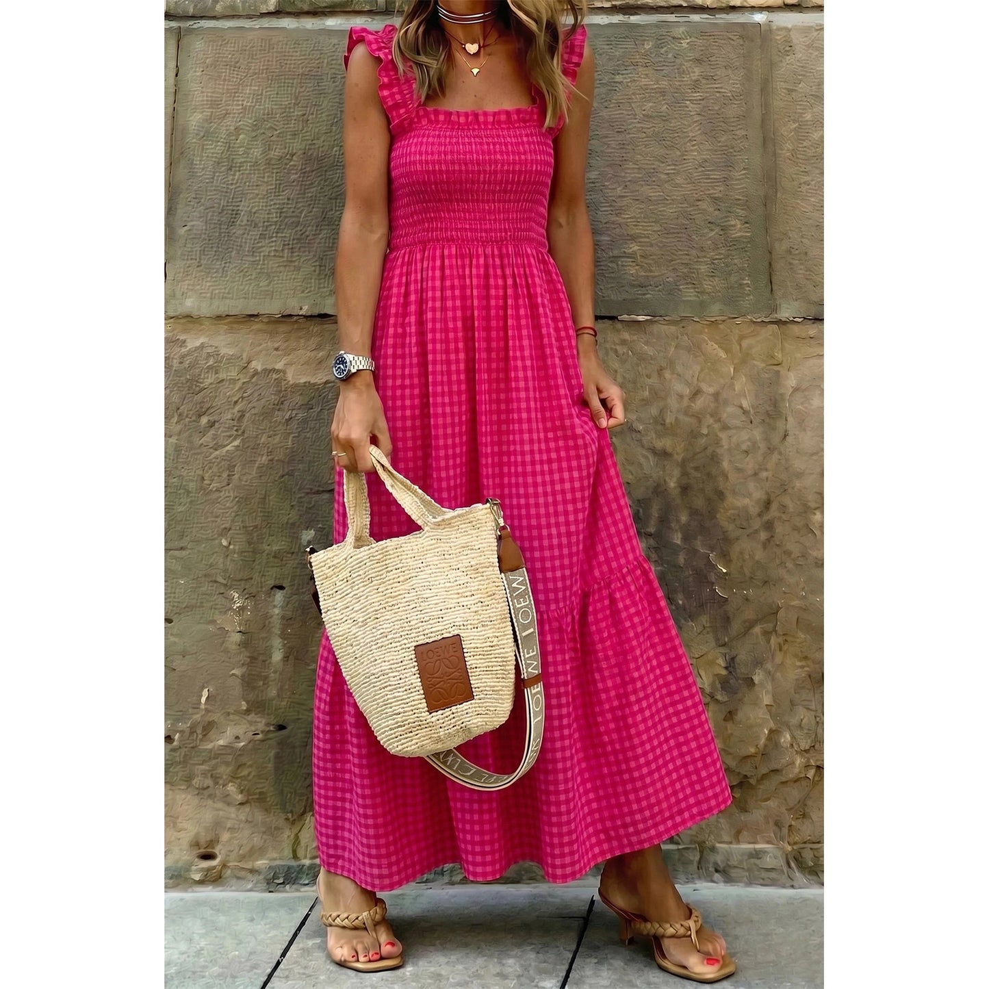 Calleigh Plaid Square Neck Fit-and-flared Vacation Sundress