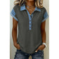 SALE!!!  Cacey Charcaol Grey Denim Color Block Patchwork Shirt Collar Short Sleeve Blouse