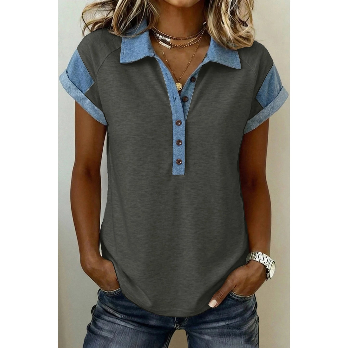 SALE!!!  Cacey Charcaol Grey Denim Color Block Patchwork Shirt Collar Short Sleeve Blouse