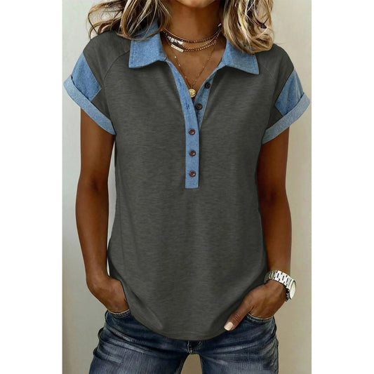 SALE!!!  Cacey Charcaol Grey Denim Color Block Patchwork Shirt Collar Short Sleeve Blouse