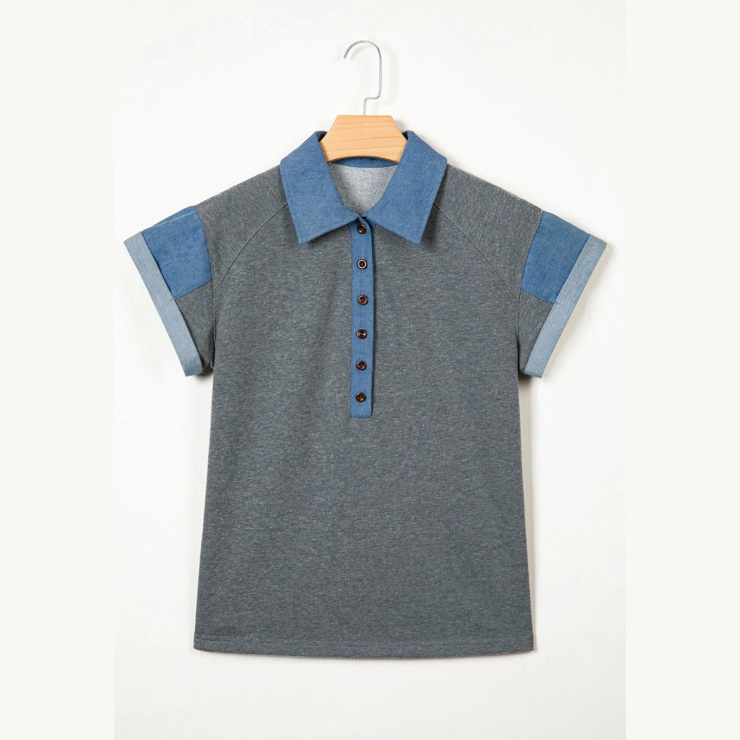 SALE!!!  Cacey Charcaol Grey Denim Color Block Patchwork Shirt Collar Short Sleeve Blouse