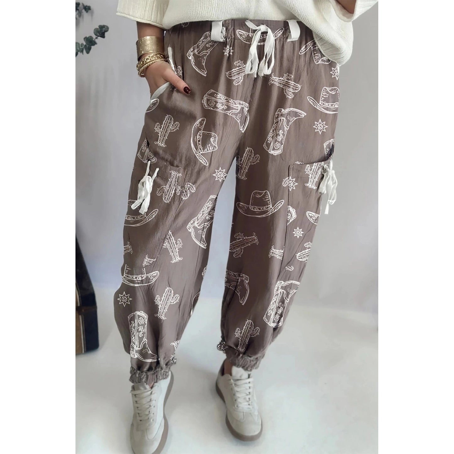 Western Cactus Cowgirl Hat Boot Printed Vintage Drawstring Jogger Pants