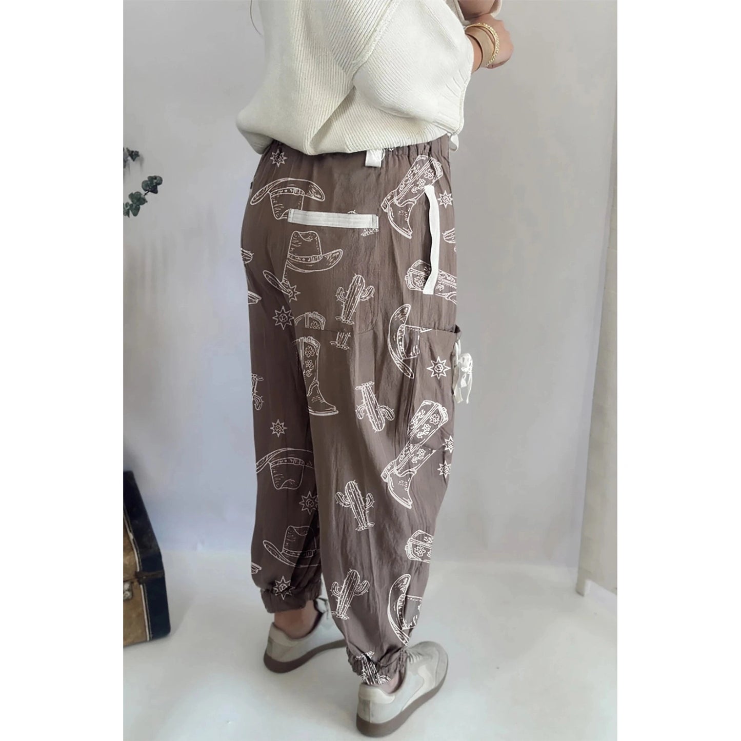 Western Cactus Cowgirl Hat Boot Printed Vintage Drawstring Jogger Pants