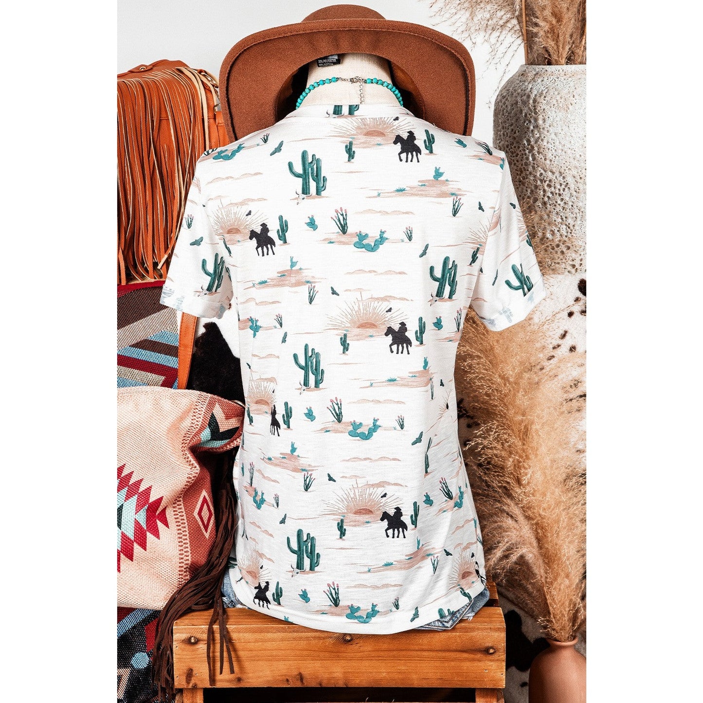 Western Cactus Print Crew Neck Short Sleeve Top