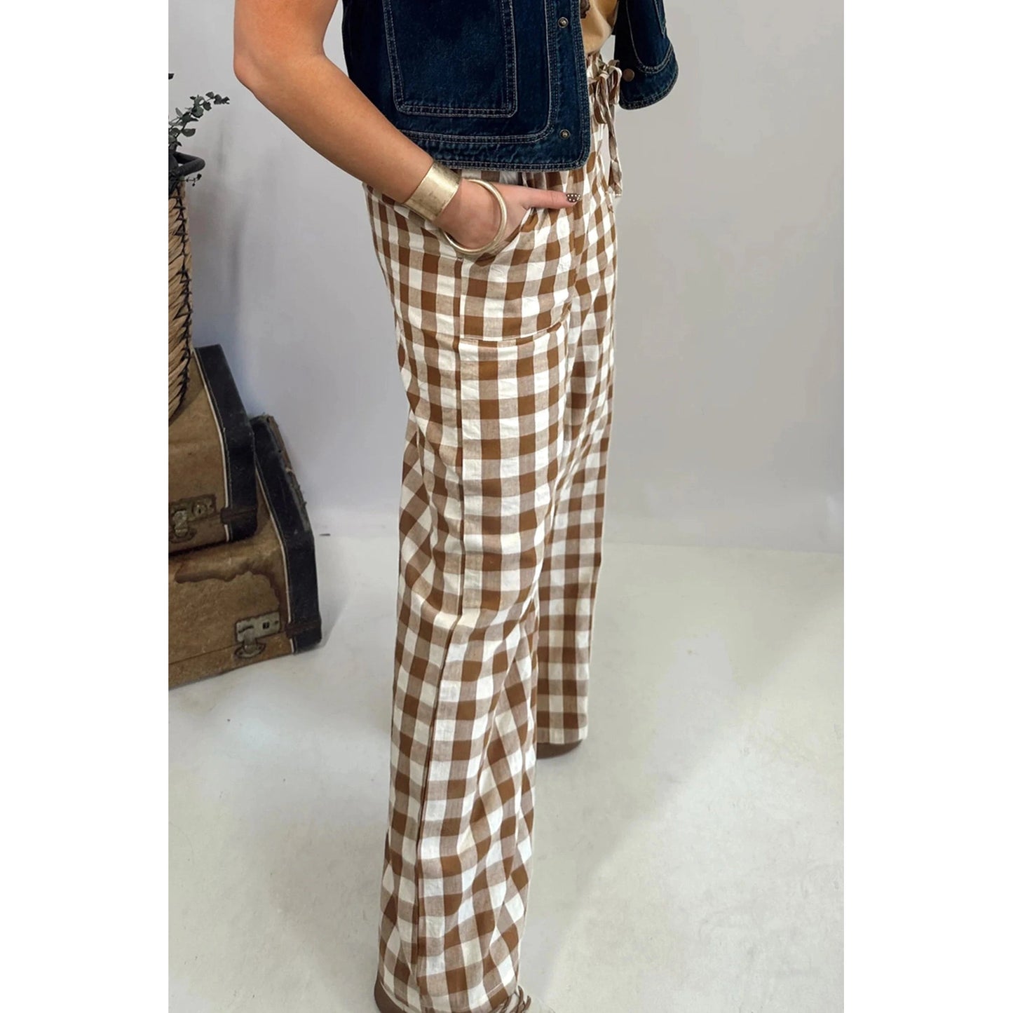 Cadence Brown Gingham Plaid Tie Elastic Waist Shift Pants
