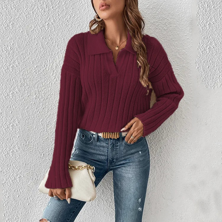 Cady Wine V Neck Cable Knit Sweater
