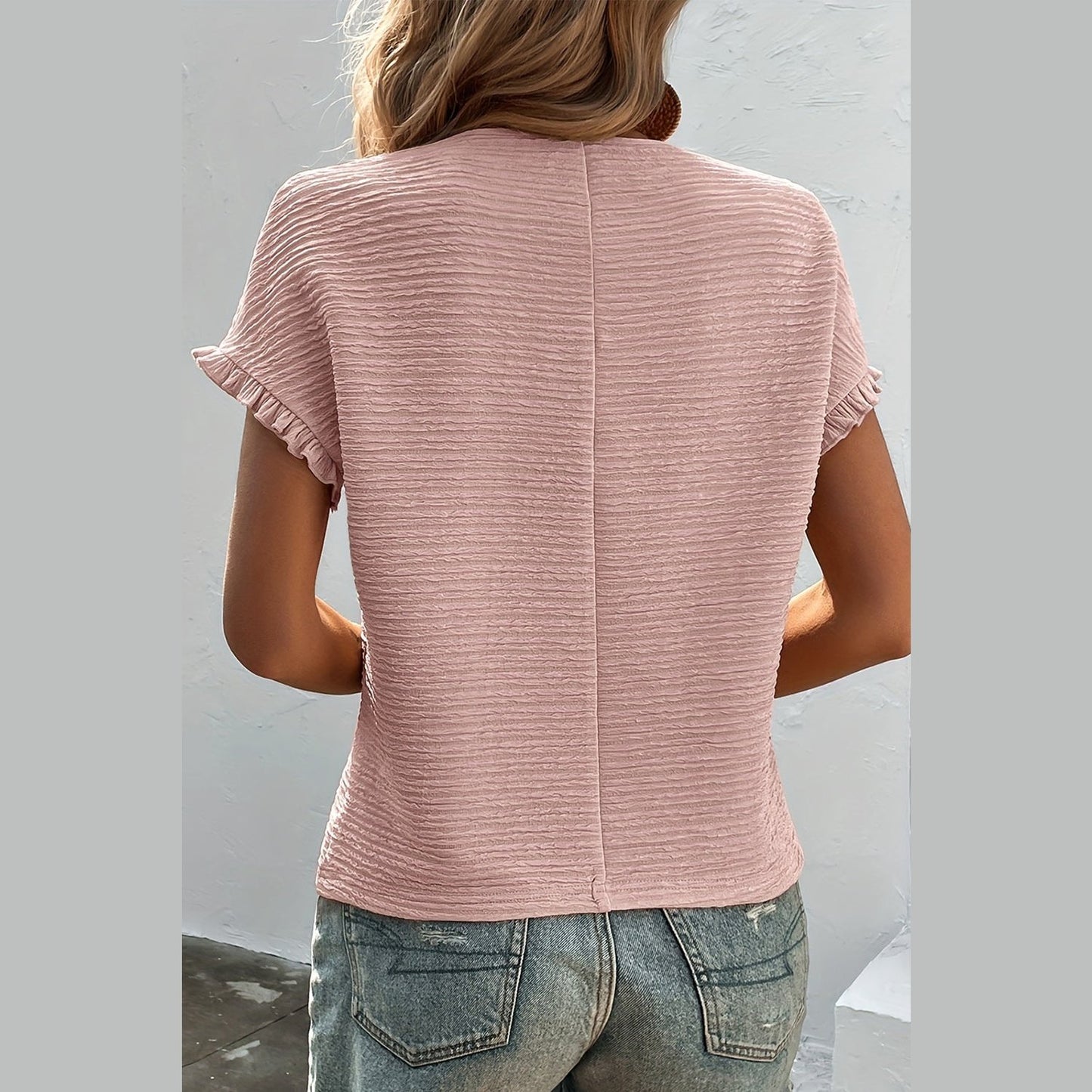 Cait Light Pink Textured Ruffled Short Sleeve Blouse