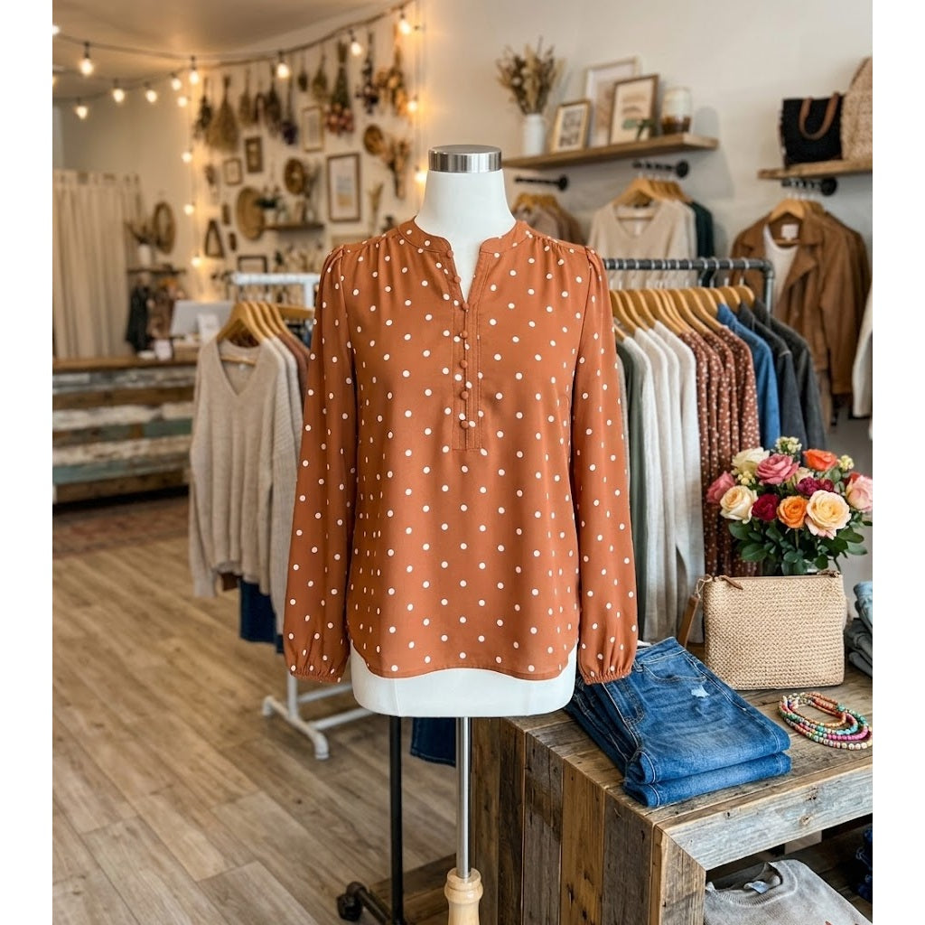 Caitlyn Brown Polka Dot Half Button V Neck Long Sleeve Blouse