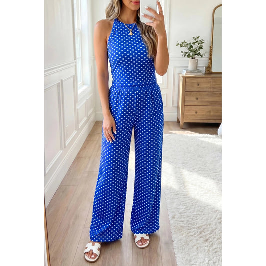 Calista Blue Polka Dot Print Slim Tank Loose Pants 2pcs Outfit