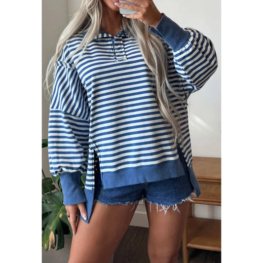 Cally Blue Stripe Color Block Trim Raw Seam Split Hem Loose Pullover Sweatshirt