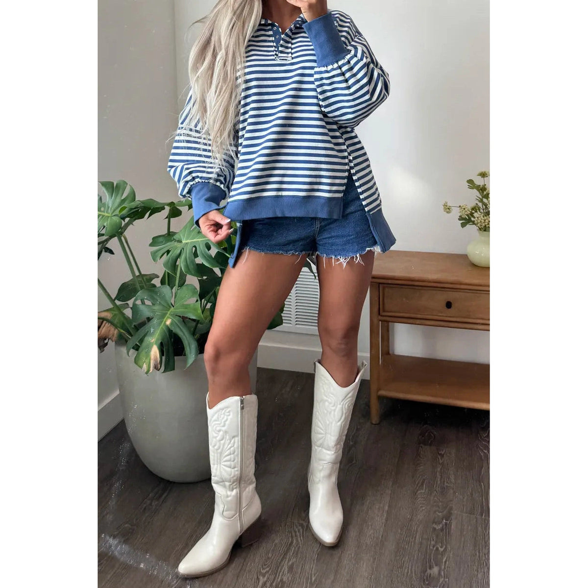 Cally Blue Stripe Color Block Trim Raw Seam Split Hem Loose Pullover Sweatshirt