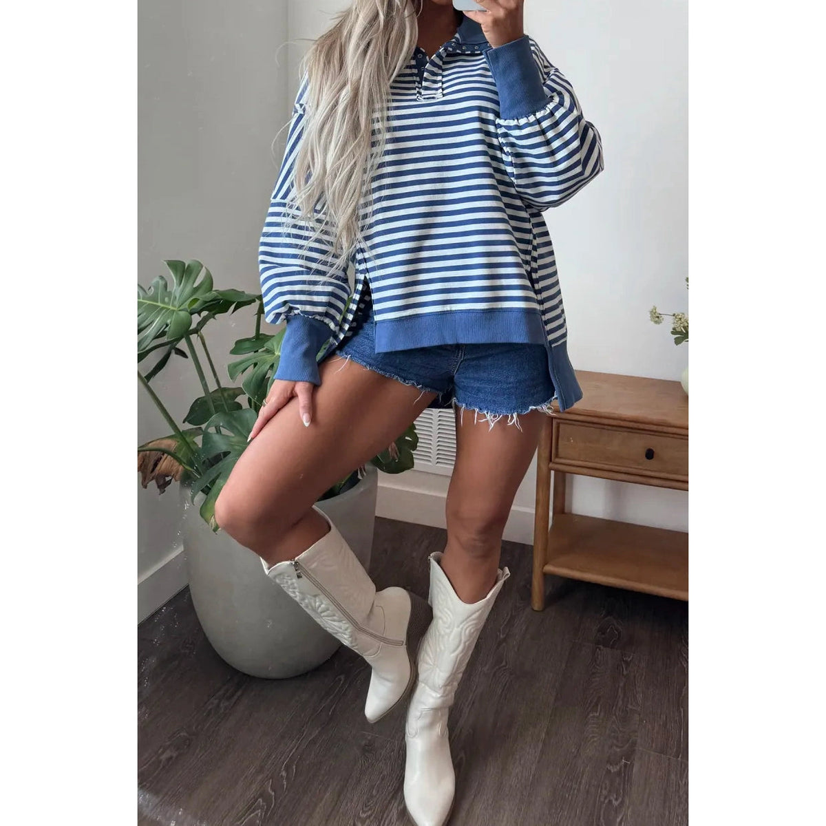 Cally Blue Stripe Color Block Trim Raw Seam Split Hem Loose Pullover Sweatshirt