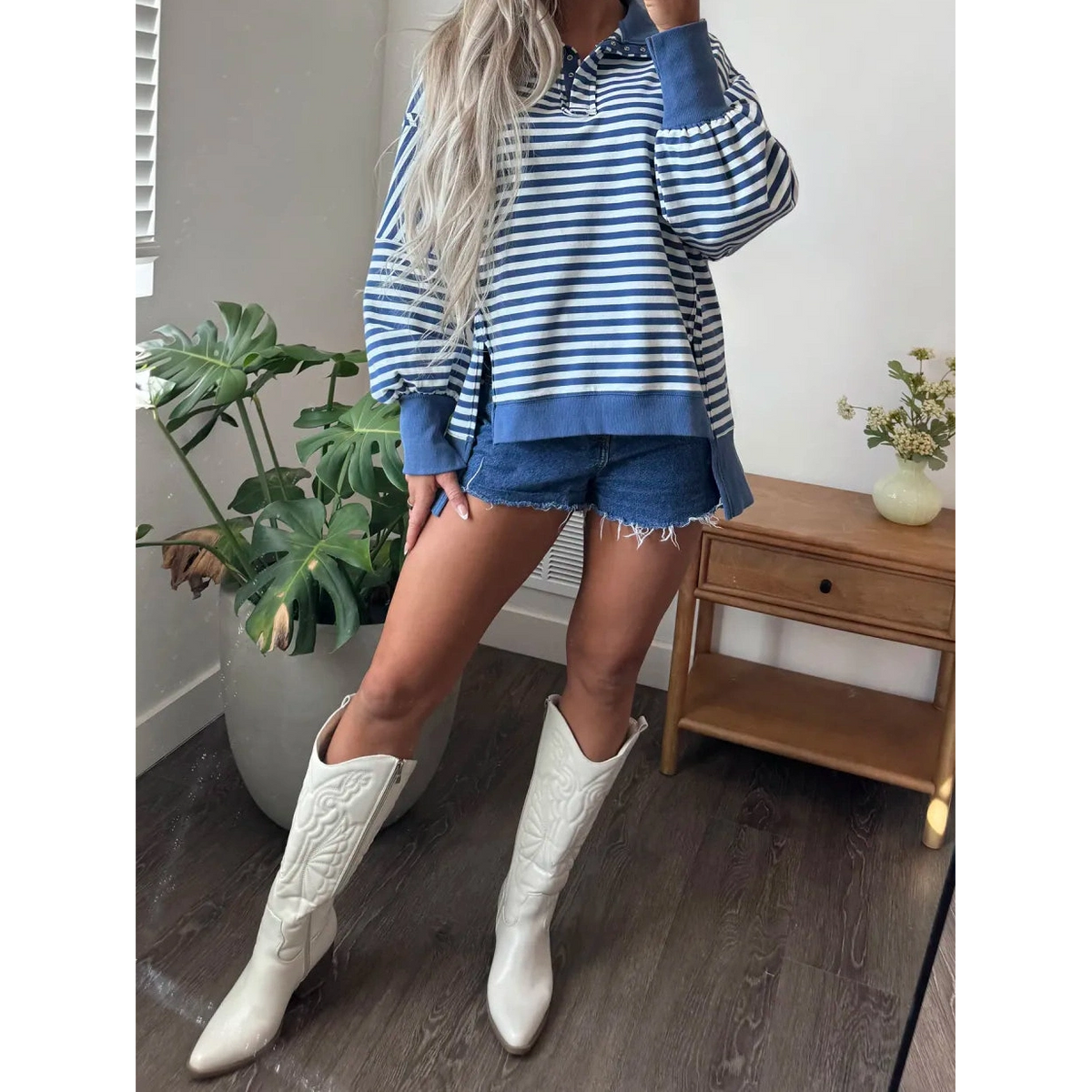 Cally Blue Stripe Color Block Trim Raw Seam Split Hem Loose Pullover Sweatshirt