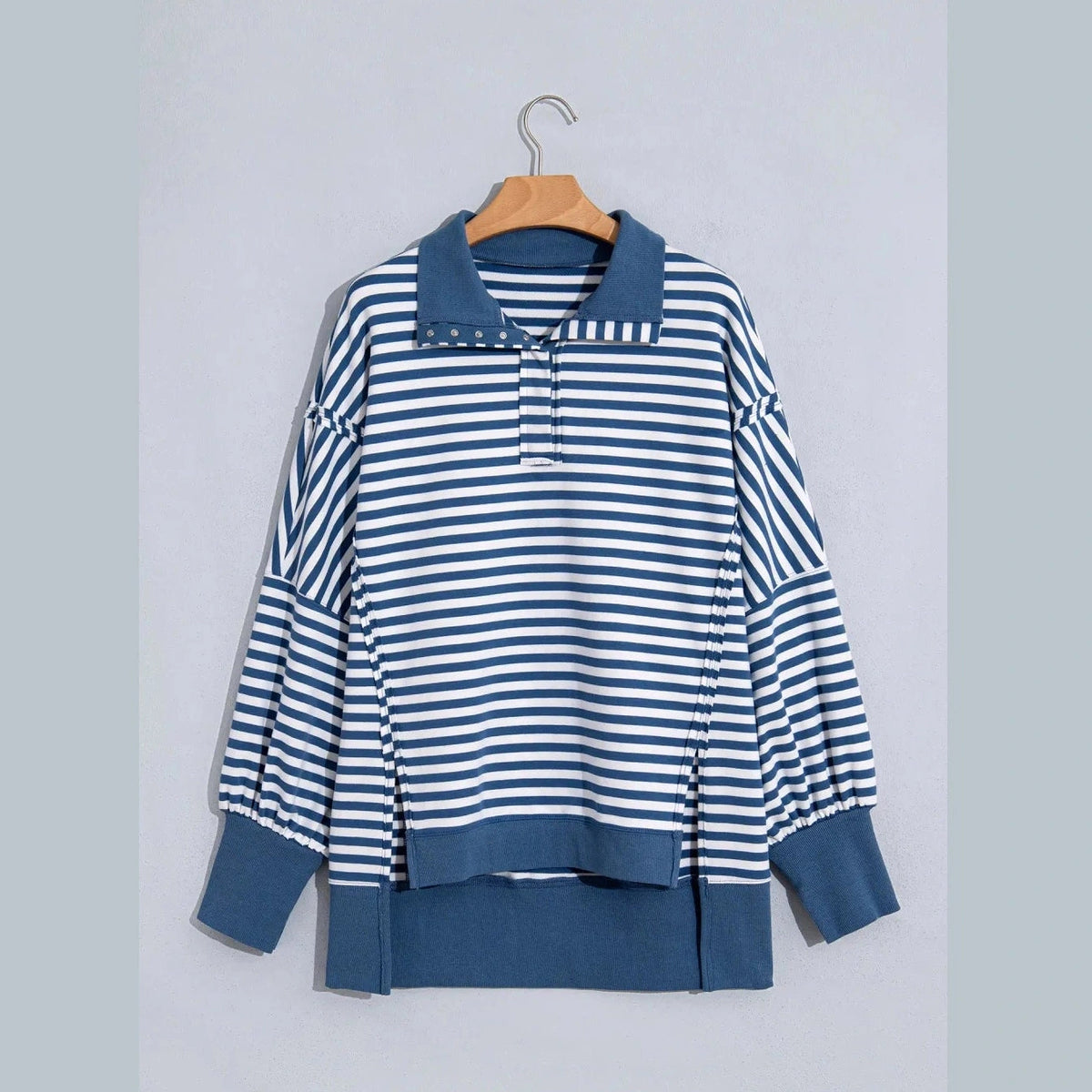 Cally Blue Stripe Color Block Trim Raw Seam Split Hem Loose Pullover Sweatshirt