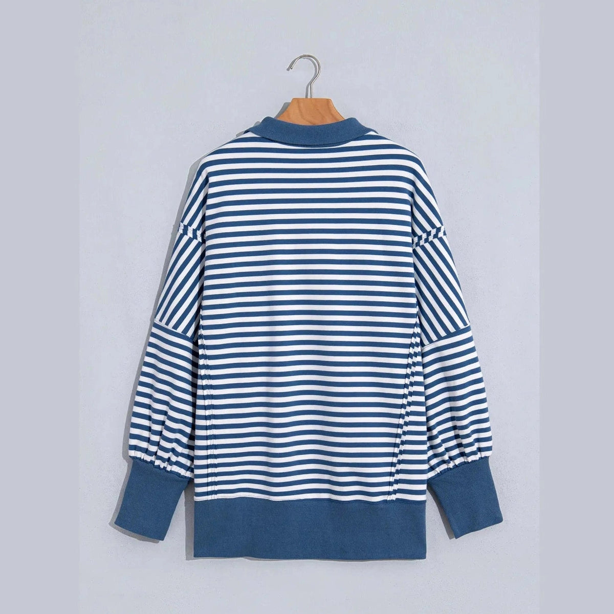 Cally Blue Stripe Color Block Trim Raw Seam Split Hem Loose Pullover Sweatshirt