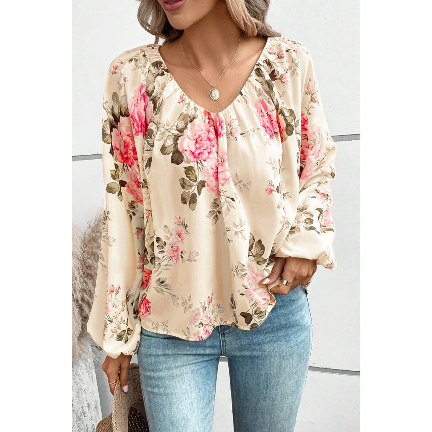 Cambee Floral Print Lantern Sleeve V-Neck Blouse