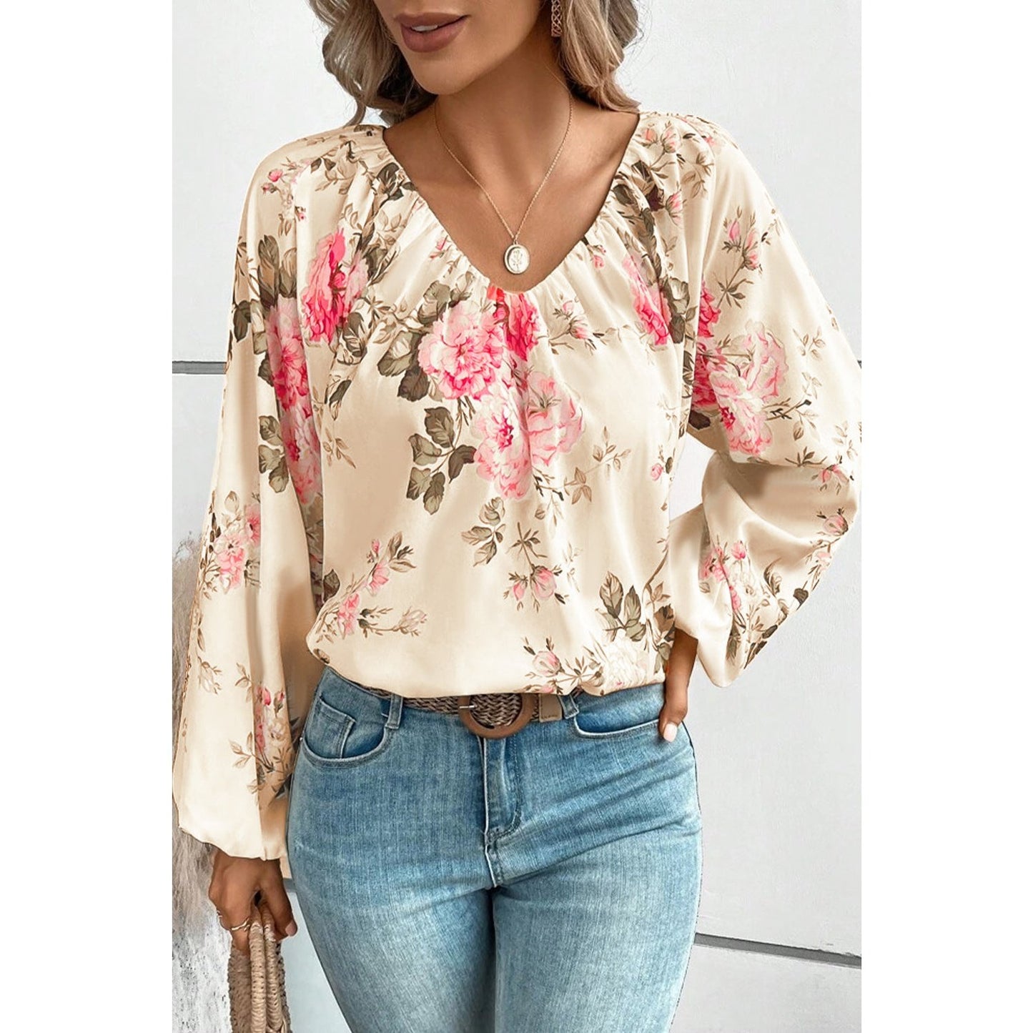 Cambee Floral Print Lantern Sleeve V-Neck Blouse